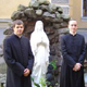 Fr. McLean Cummings with two seminarians in front of the grotto of the St. Petersburg seminary
