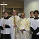 Archbishop Malcolm Ranjith with Father Steven Reilly, LC, Director of Formation at The Highalnds School, and sophomore altar servers, Ross Conklin, Michael Maggio, and Sean Evans.