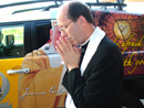 Bishop Thomas Olmsted blessing the Pope Mobile.
